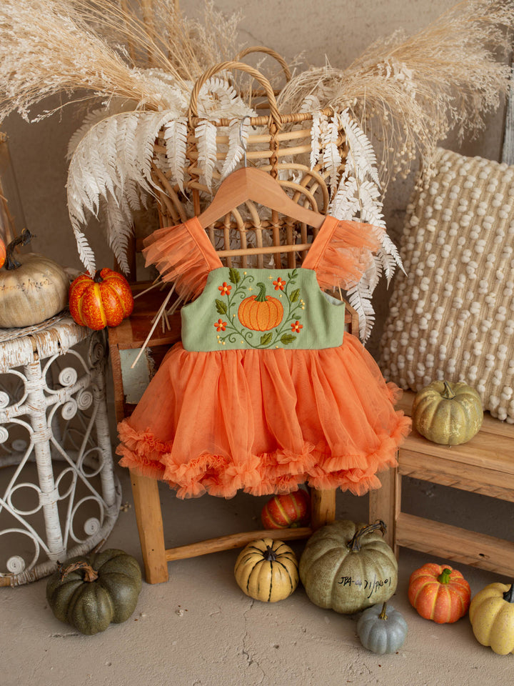 Pumpkin Posy sage tulle pumpkin dress with cotton bodice - Before & Ever Kids