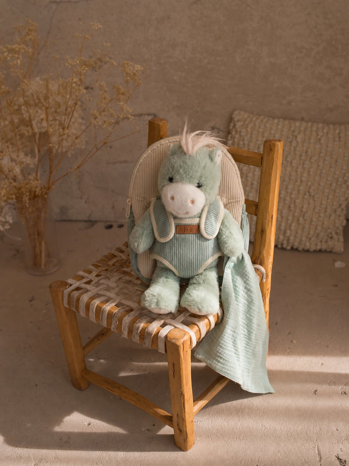 Sage the Horse plush backpack for kids, horse with the detachable muslin comforter - Before & Ever Kids