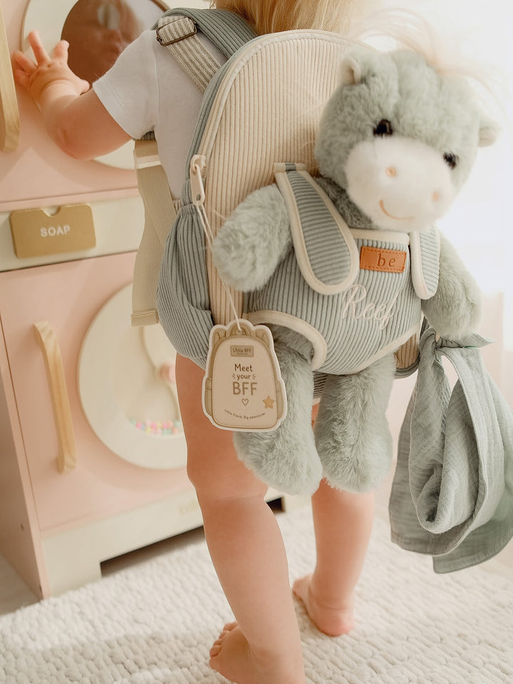 Sage the Horse personalised Little BFF Companion Backpack, close up on a toddler, embroidered name and Meet your BFF hang tag - Before & Ever Kids