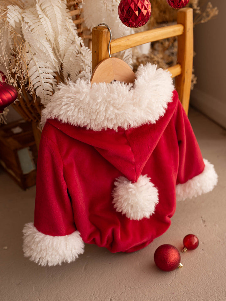 Santa Baby Romper red velvet romper on a chair with red baubles - Before & Ever Kids