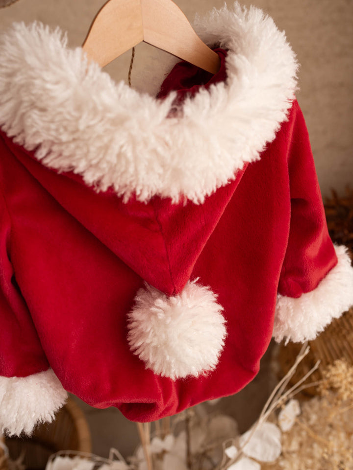 Santa Baby Romper hood detail with white pom-pom and fluffy trim - Before & Ever Kids