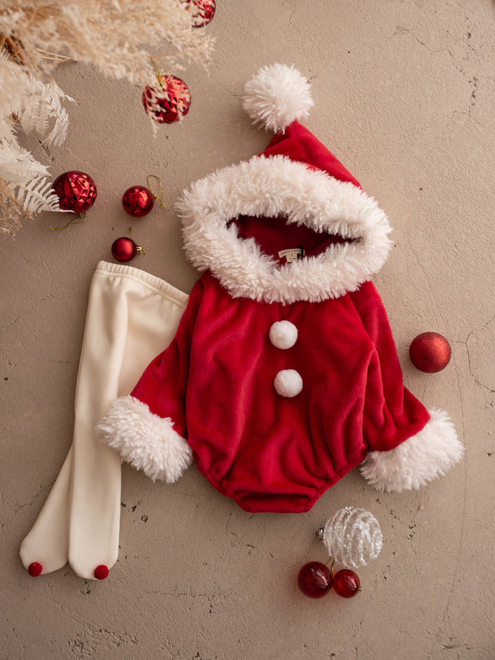 Santa Baby Romper laid flat with cream tights and red baubles - Before & Ever Kids