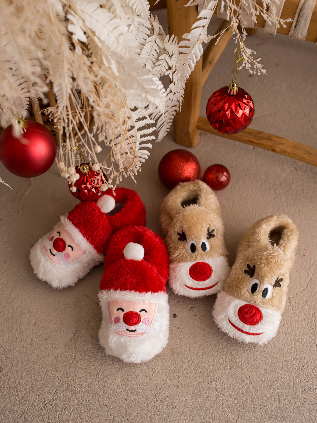 Santa Baby Slippers and Baby Rudolph Slippers with white baubles - Before & Ever Kids