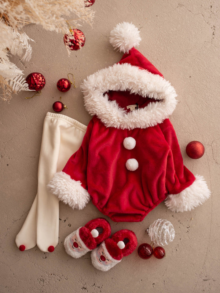 Santa Baby Slippers styled with the Santa Baby Romper and cream tights - Before & Ever Kids