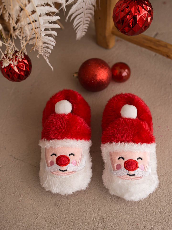Santa Baby Slippers red fluffy Santa slippers, pair, front - Before & Ever Kids