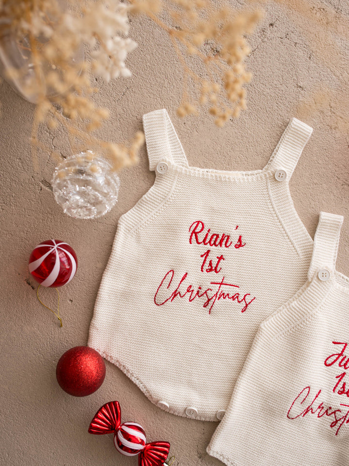 Say My Name Christmas Singlet Romper in milk cotton knit with a personalised name in red, two personalised rompers with candy decorations - Before & Ever Kids