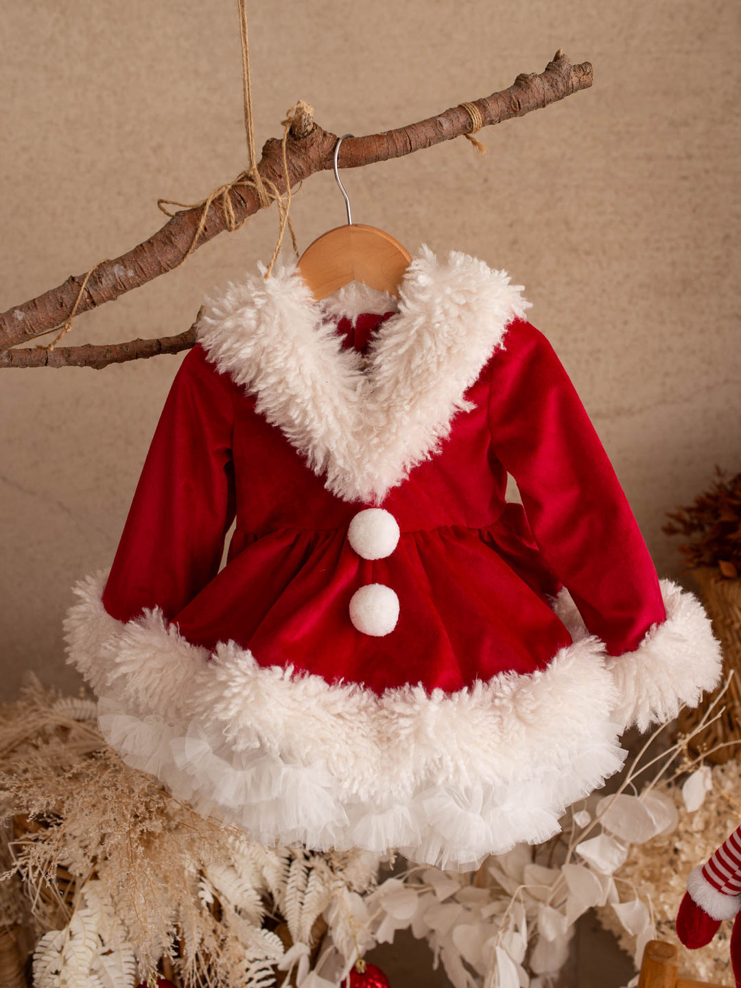 She Came to Sleigh red velvet Santa dress hanging, full length - Before & Ever Kids
