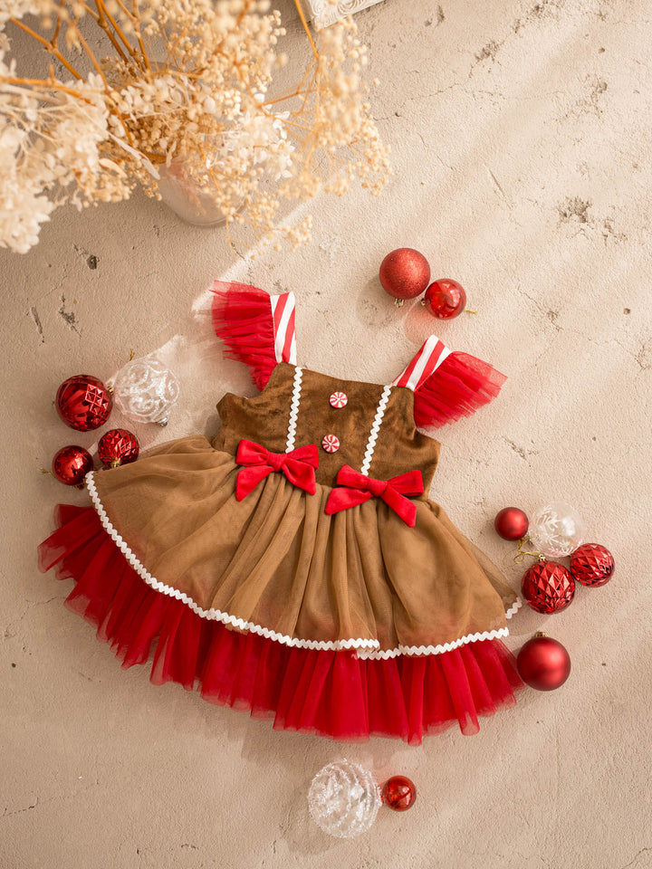 Sugar & Spice brown and red front view, gingerbread brown velvet bodice with peppermint buttons over caramel and red tulle - Before & Ever Kids