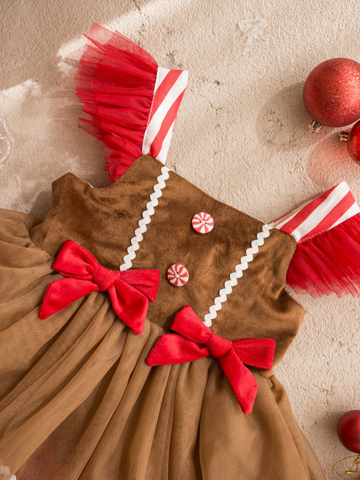 Sugar & Spice brown and red gingerbread brown velvet bodice with peppermint buttons over caramel and red tulle - Before & Ever Kids