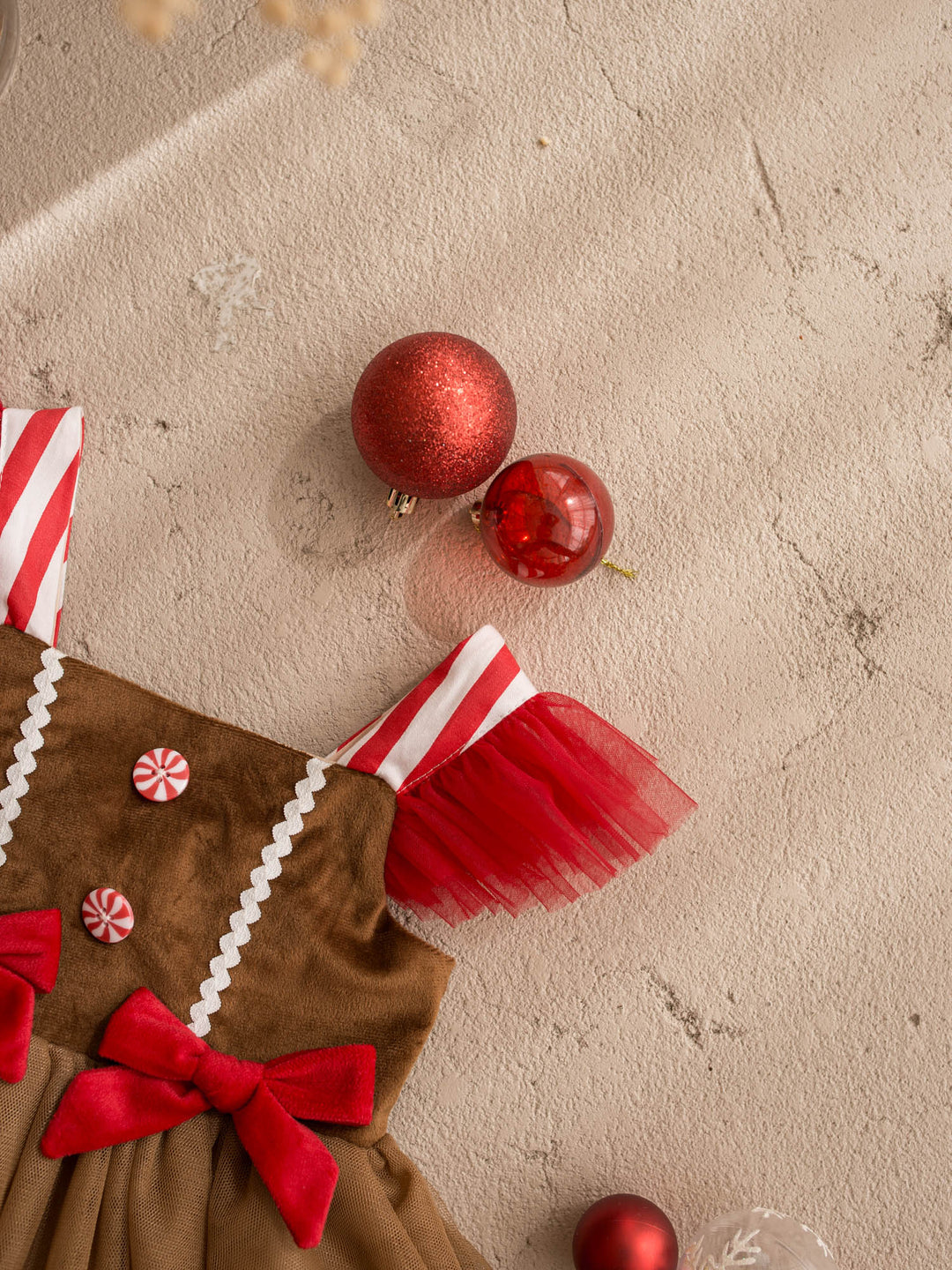 Sugar & Spice brown and red gingerbread brown velvet bodice with peppermint buttons over caramel and red tulle - Before & Ever Kids