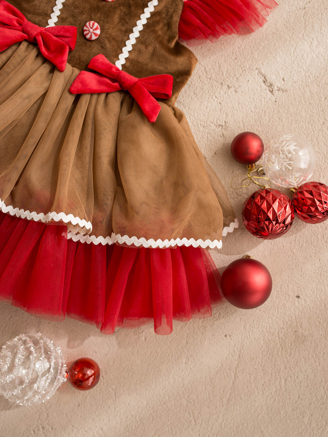 Sugar & Spice brown and red gingerbread brown velvet bodice with peppermint buttons over caramel and red tulle - Before & Ever Kids