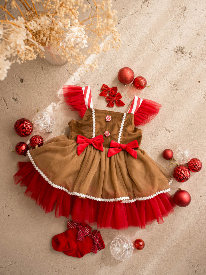 Sugar & Spice brown and red gingerbread brown velvet bodice with peppermint buttons over caramel and red tulle - Before & Ever Kids