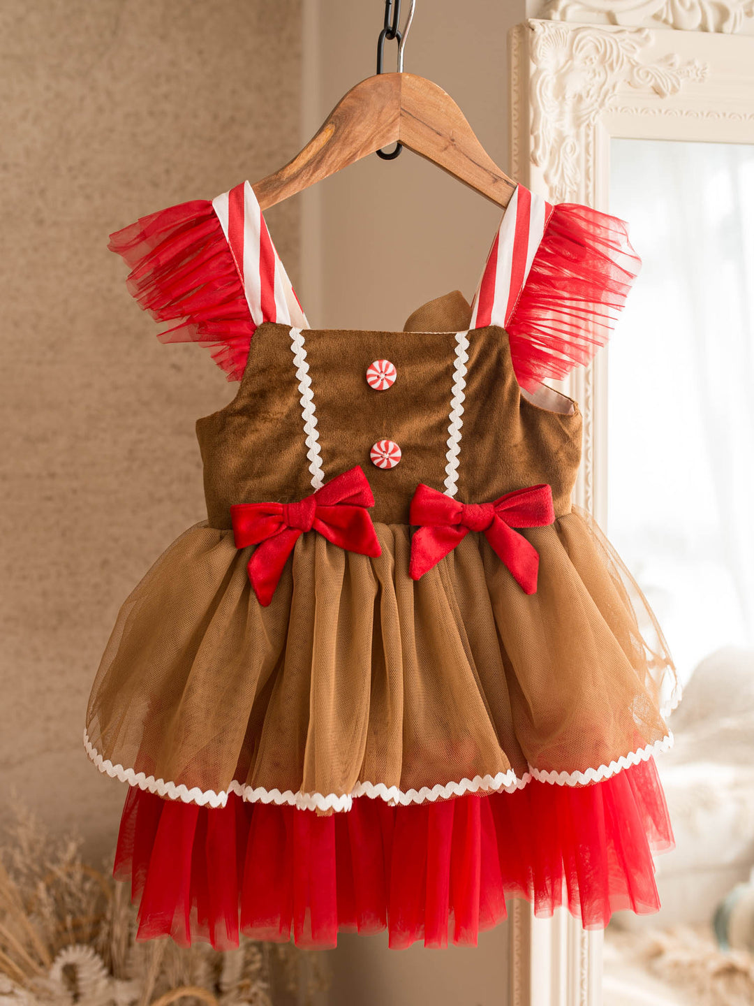Sugar & Spice brown and red gingerbread brown velvet bodice with peppermint buttons over caramel and red tulle - Before & Ever Kids