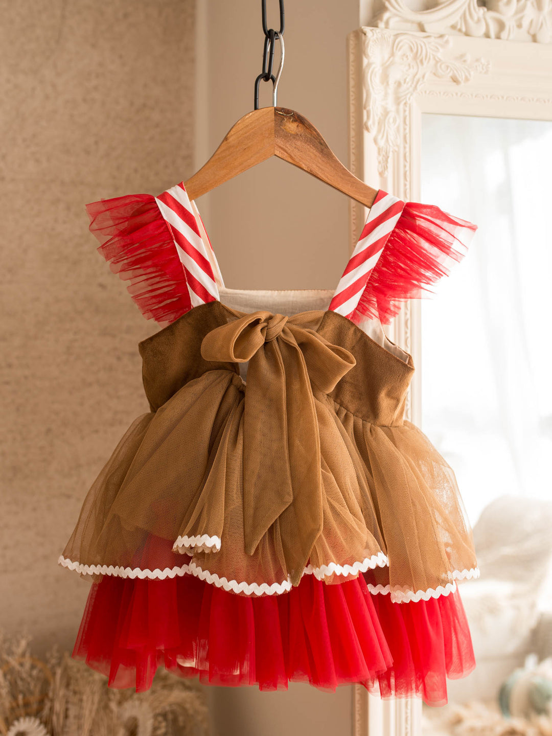 Sugar & Spice brown and red gingerbread brown velvet bodice with peppermint buttons over caramel and red tulle - Before & Ever Kids