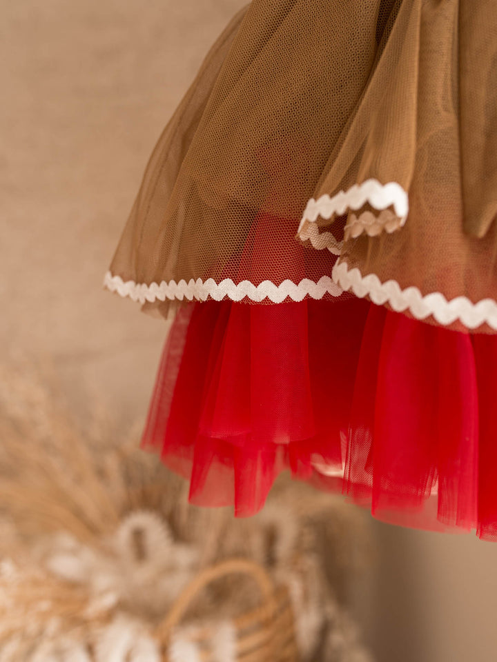 Sugar & Spice brown and red gingerbread brown velvet bodice with peppermint buttons over caramel and red tulle - Before & Ever Kids