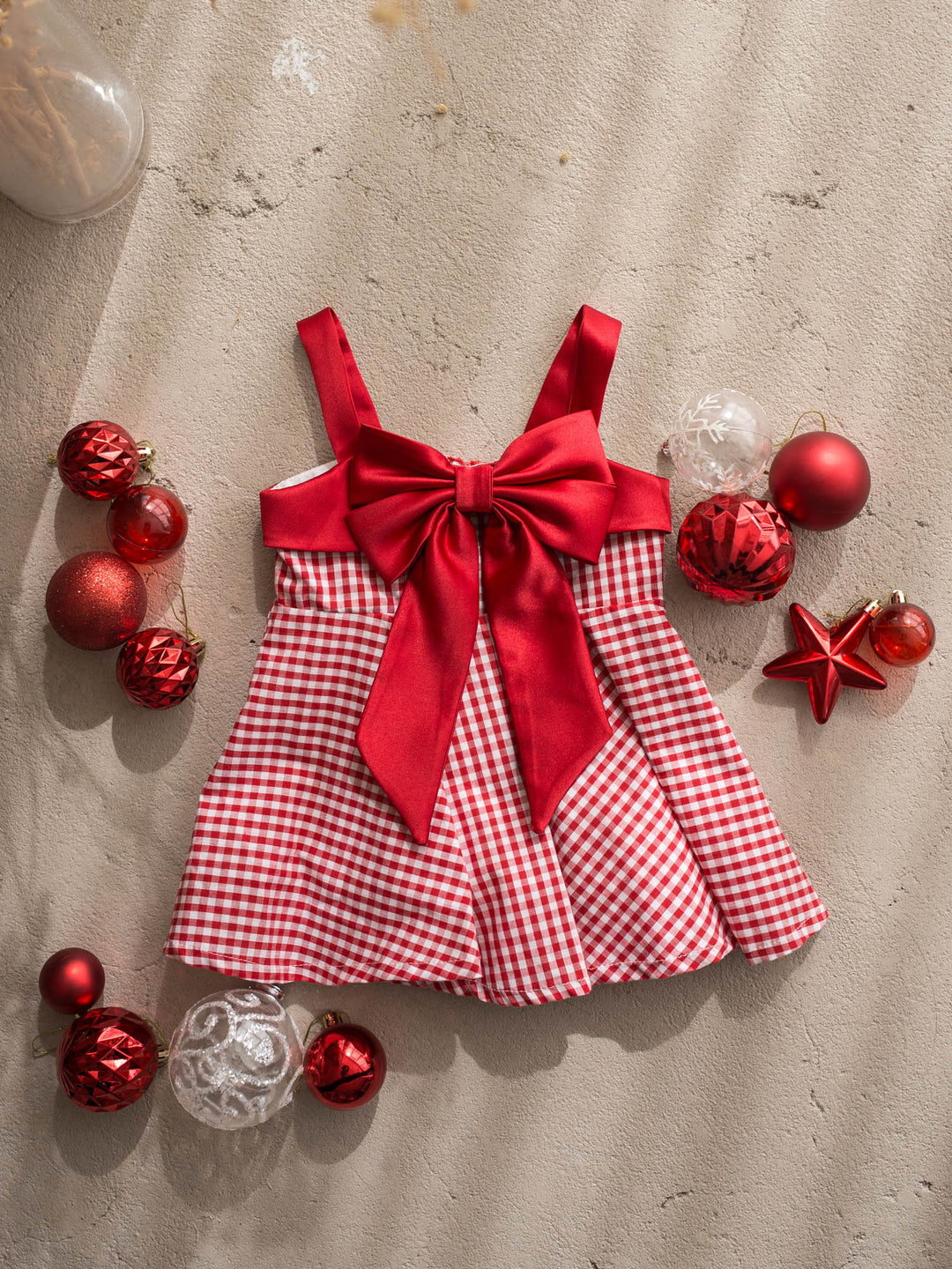 Sweet as Pie red and white front view, red gingham cotton dress with red satin straps and a large satin bow - Before & Ever Kids