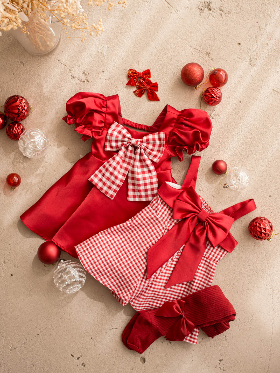 Sweet as Pie red and white red gingham cotton dress with red satin straps and a large satin bow - Before & Ever Kids