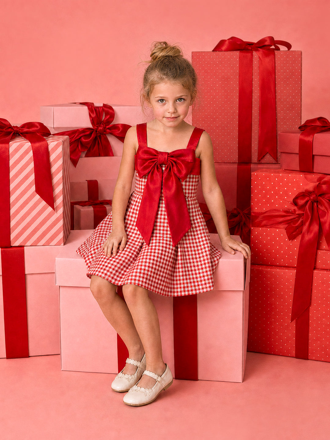 Sweet as Pie red and white gingham Christmas dress with a red satin bow, girl seated on a pink gift box
