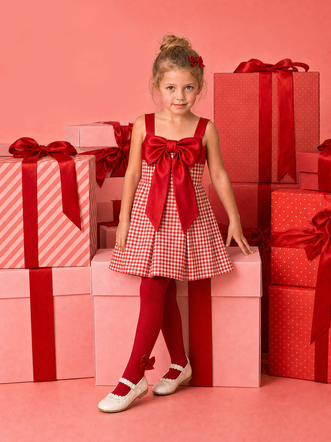 Sweet as Pie red and white gingham Christmas dress with a red satin bow, worn with red tights beside stacked gift boxes