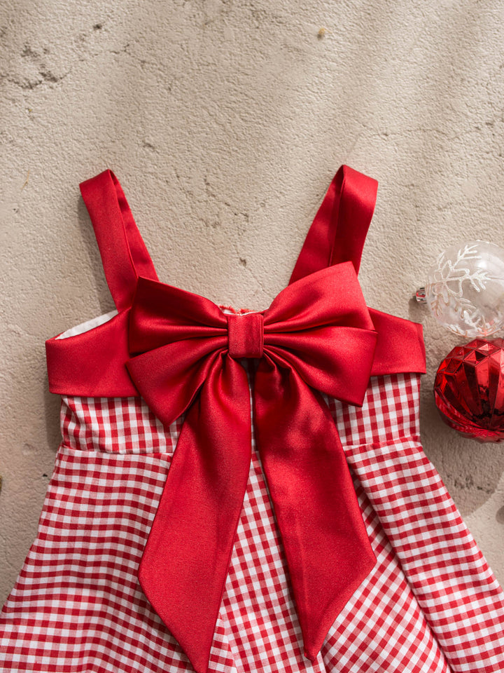 Sweet as Pie red and white red gingham cotton dress with red satin straps and a large satin bow - Before & Ever Kids