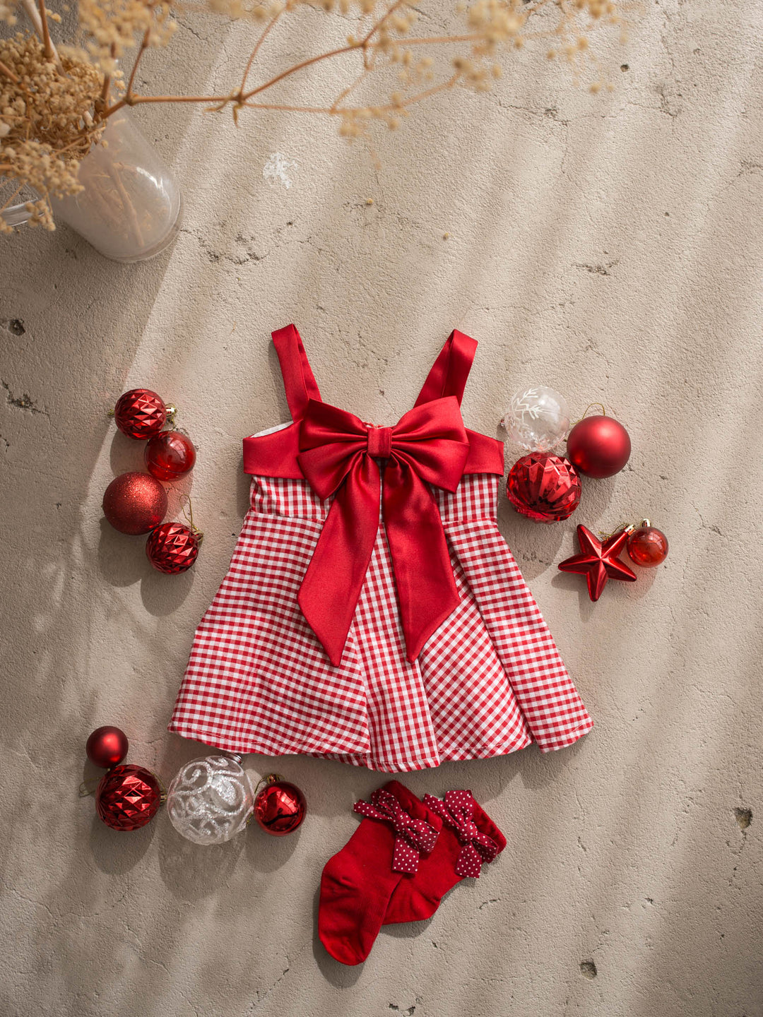 Sweet as Pie red and white red gingham cotton dress with red satin straps and a large satin bow - Before & Ever Kids