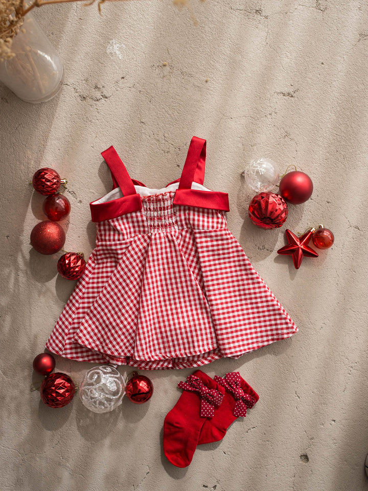 Sweet as Pie red and white red gingham cotton dress with red satin straps and a large satin bow - Before & Ever Kids