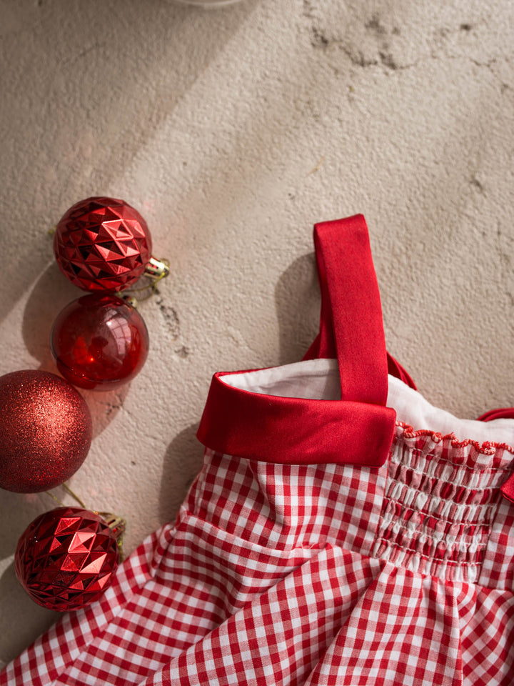 Sweet as Pie red and white red gingham cotton dress with red satin straps and a large satin bow - Before & Ever Kids