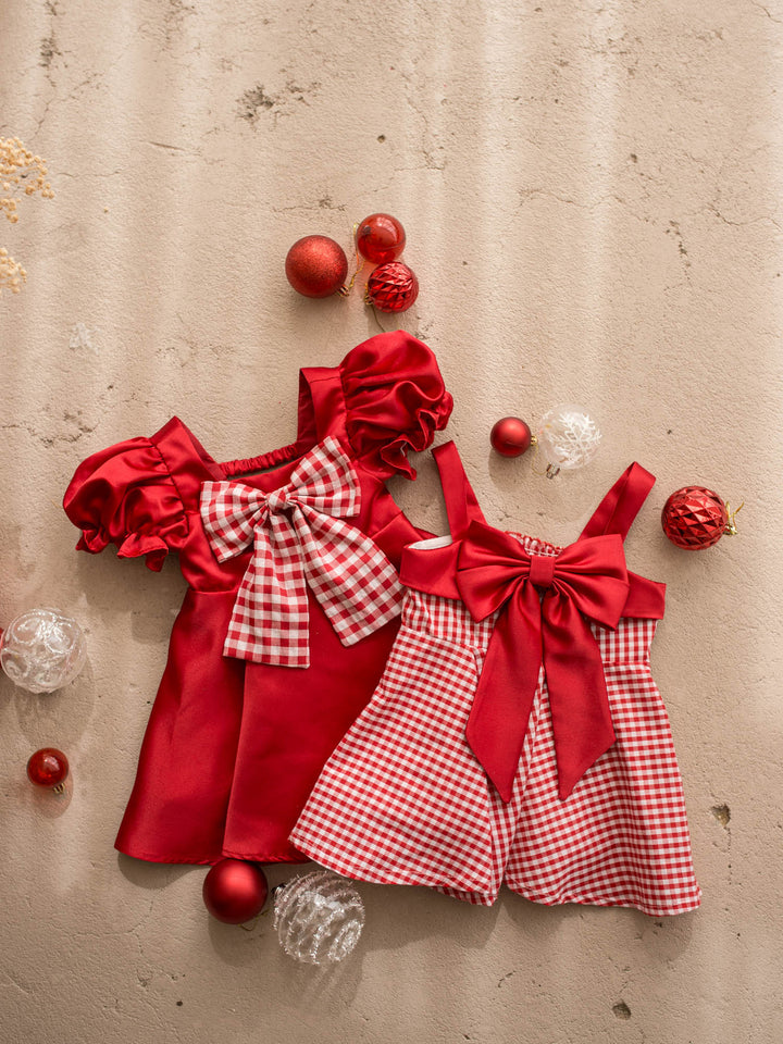 Sweet as Pie red and white red gingham cotton dress with red satin straps and a large satin bow - Before & Ever Kids