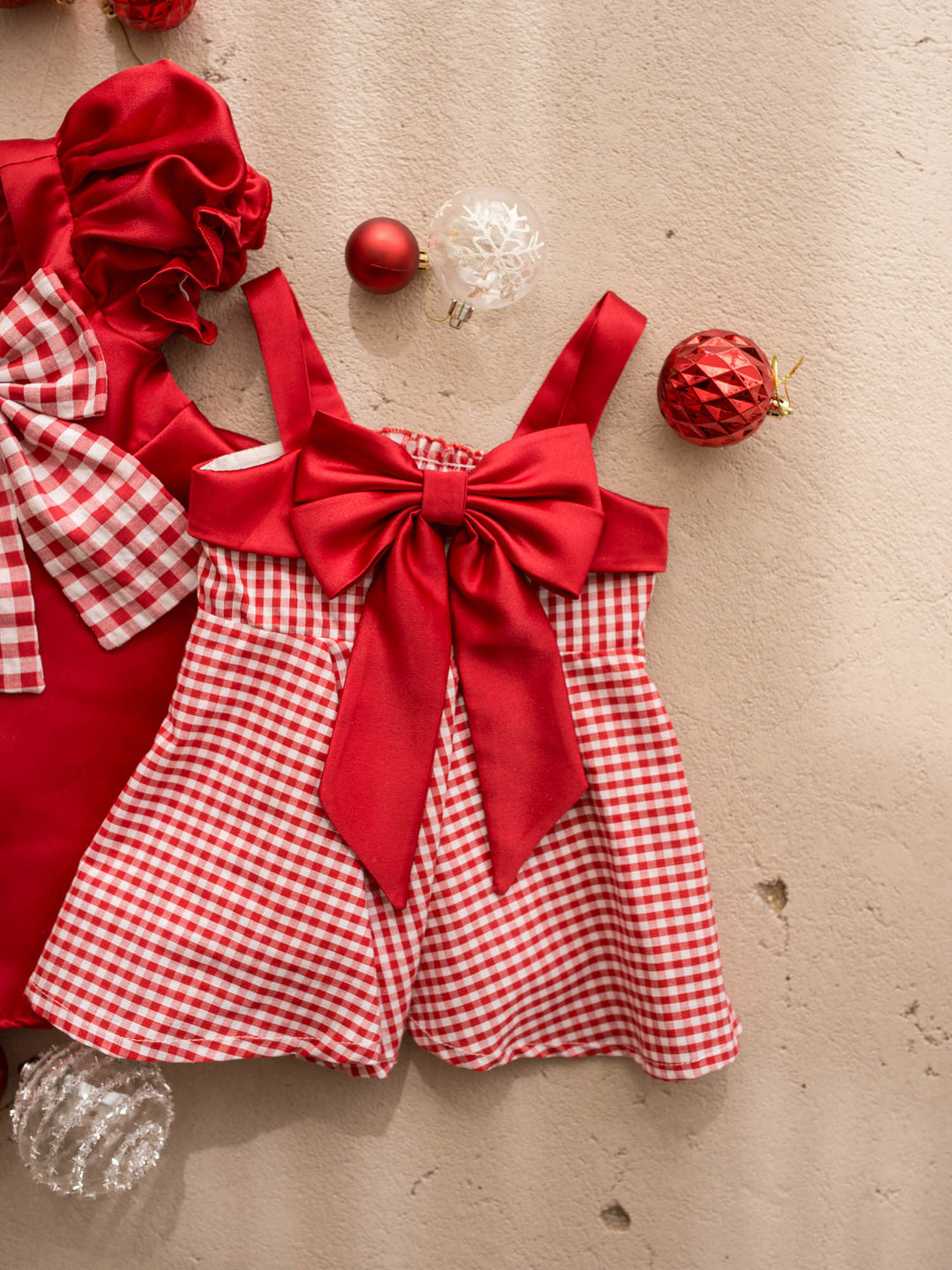 Sweet as Pie red and white red gingham cotton dress with red satin straps and a large satin bow - Before & Ever Kids
