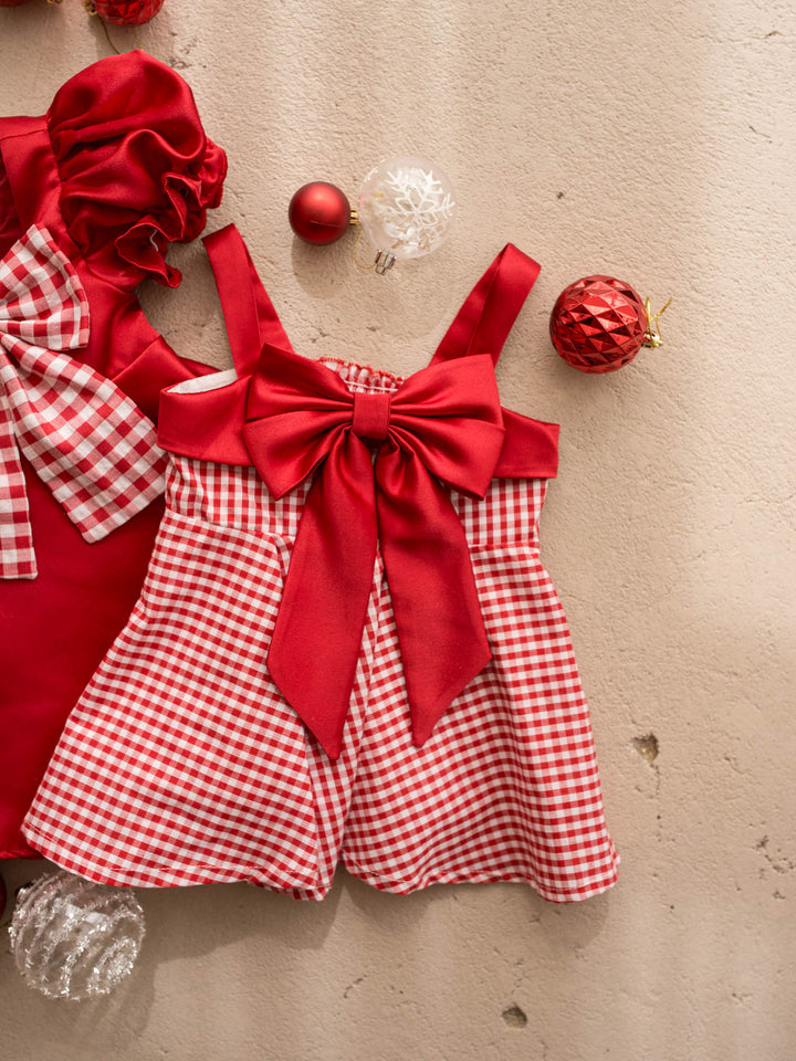 Sweet as Pie red and white red gingham cotton dress with red satin straps and a large satin bow - Before & Ever Kids