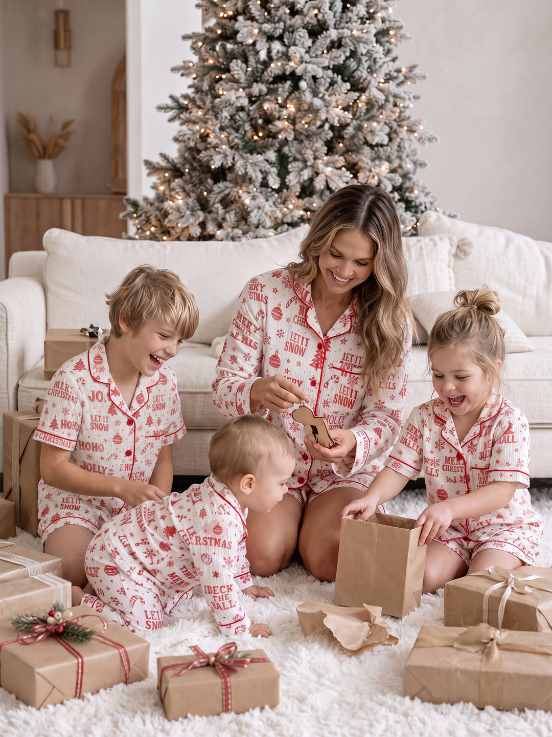 Twas the Night family Christmas pyjamas, white cotton muslin with a red Christmas print, mum, boy, girl and baby opening presents by the tree - Before & Ever Kids