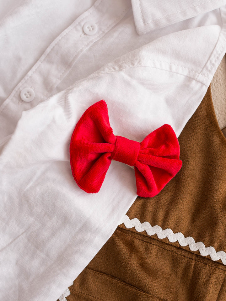 Velvet Bow Tie in red, boys clip on velvet bow tie, laid flat on a white shirt, showing the velvet pile - Before & Ever Kids