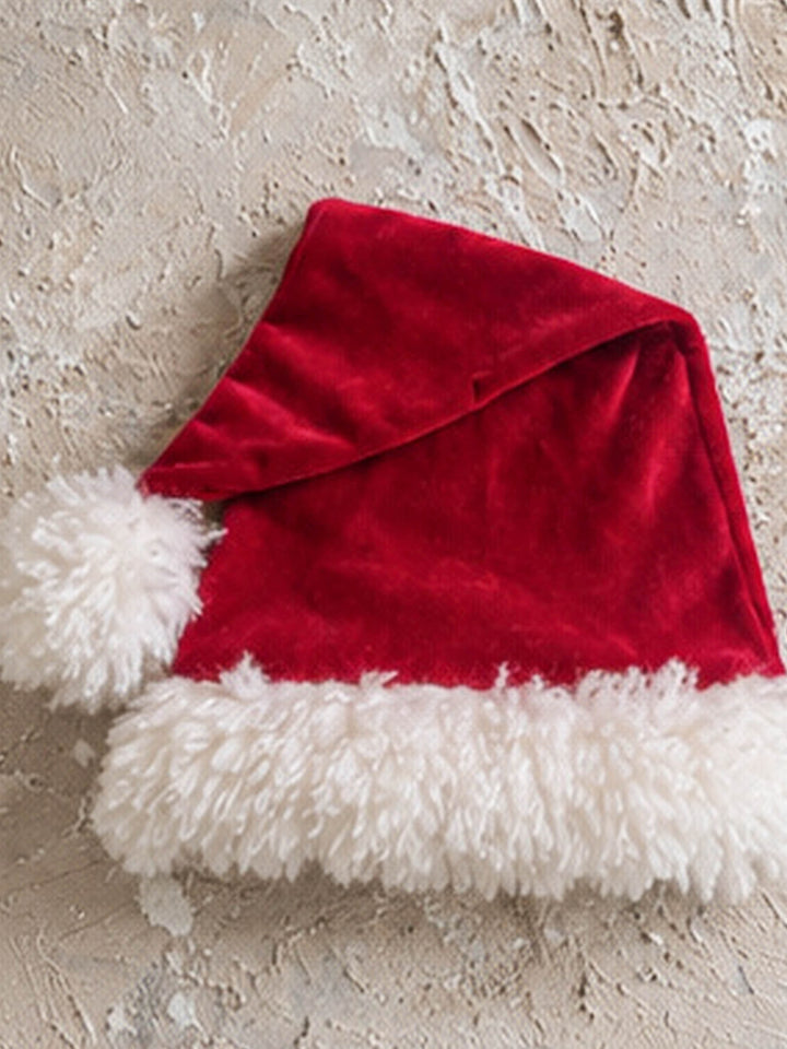 Velvet Santa Hat in deep red, full front, deep red velvet with a curly white trim and pom-pom - Before & Ever Kids