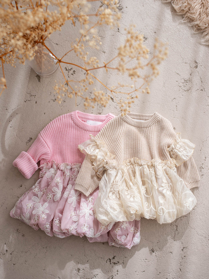 Where Winter Blooms baby pink floral knit sweater with bubble hem - Before & Ever Kids
