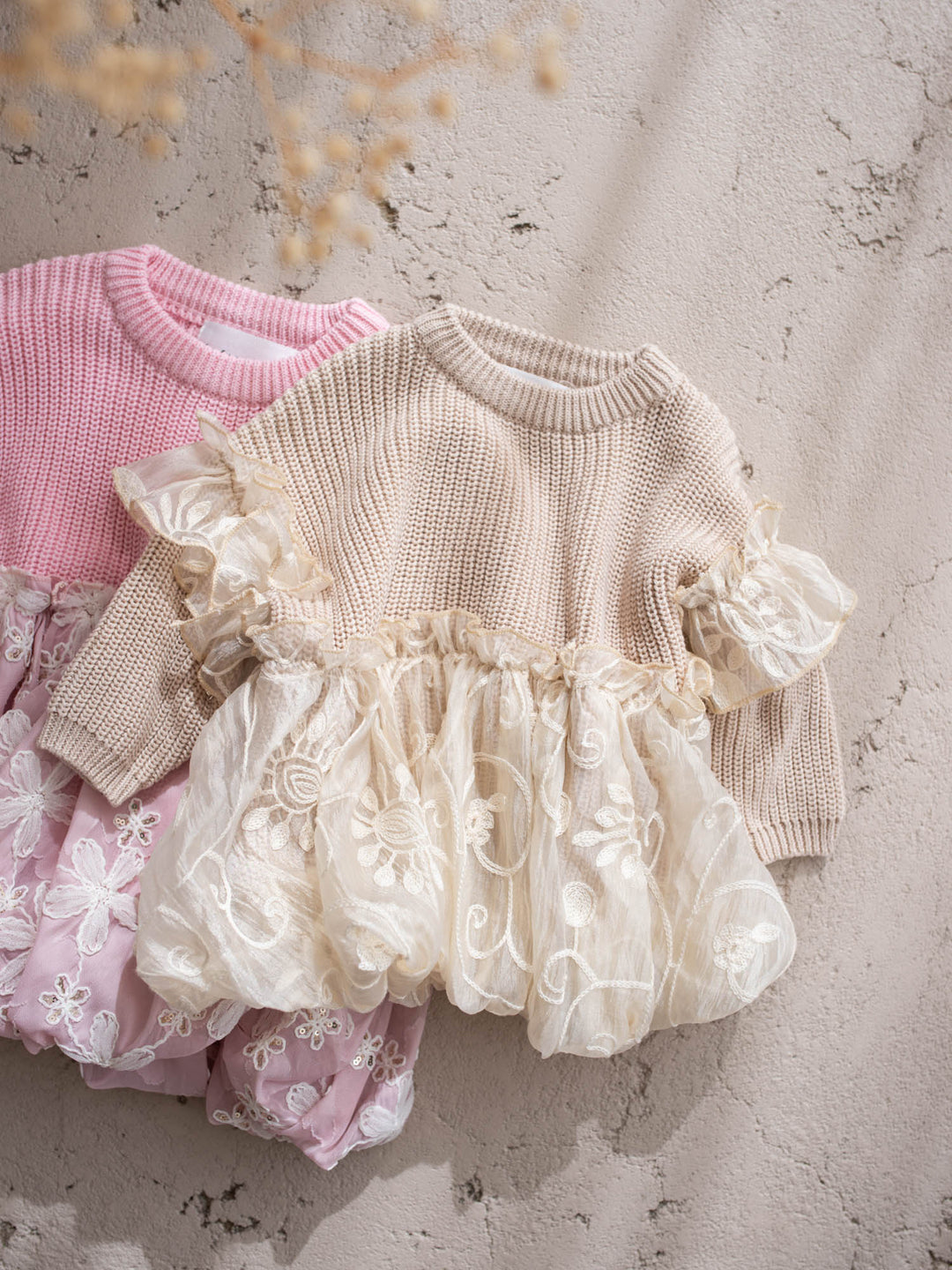 Where Winter Blooms baby pink floral knit sweater with bubble hem - Before & Ever Kids