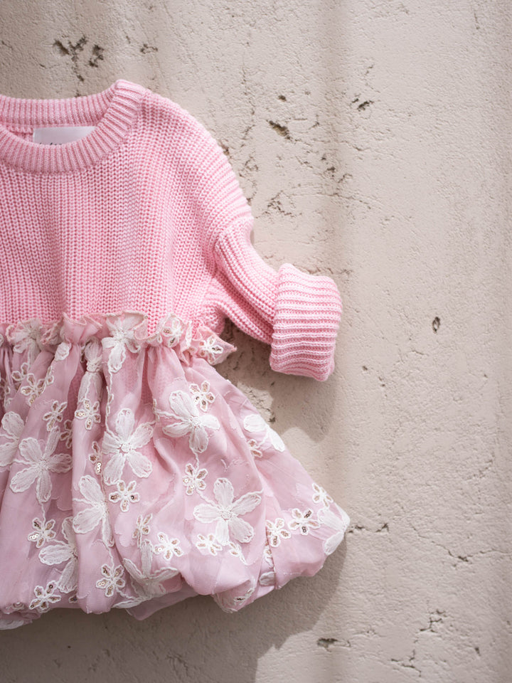 Where Winter Blooms baby pink floral knit sweater with bubble hem - Before & Ever Kids