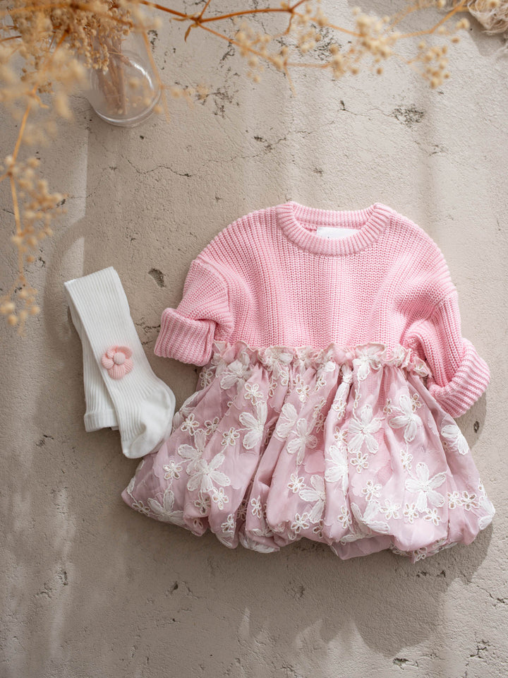 Where Winter Blooms baby pink floral knit sweater with bubble hem - Before & Ever Kids