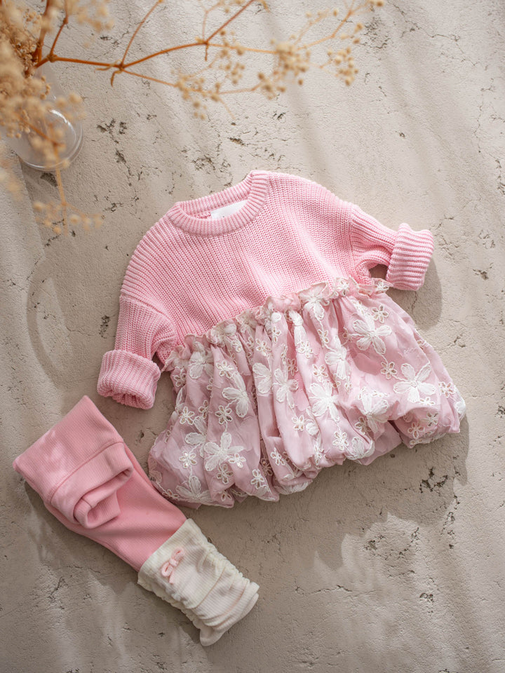 Where Winter Blooms baby pink floral knit sweater with bubble hem - Before & Ever Kids