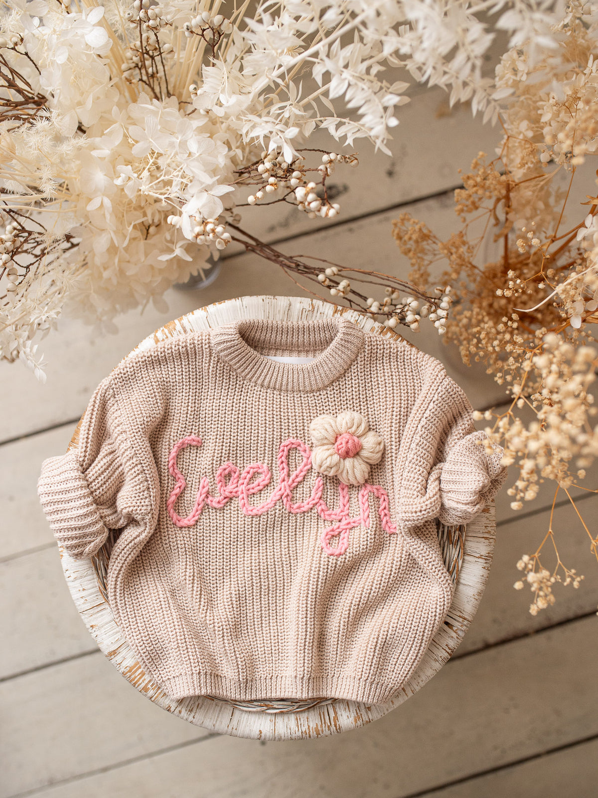 Oatmeal Written in Thread baby sweater in chunky cotton knit with hand-embroidered name, long sleeves.