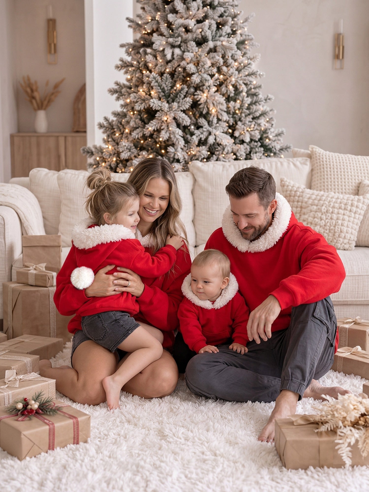 Family wearing matching red Ho Ho Christmas hoodies